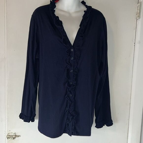 BODEN Alberta Button Front Ruffle Detail Navy Long Sleeve Top-18 - Picture 3 of 11